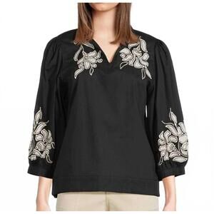 NEW TRU LUXE poplin embroidered floral applique collared v-neck 3/4 sleeve popov